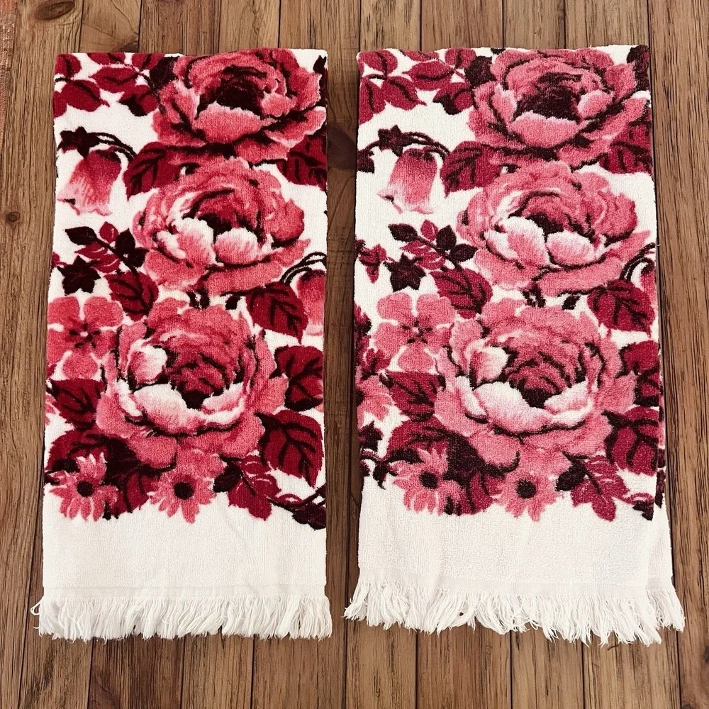 2 vintage Cannon USA made cotton towel pink red roses floral fringe cottagecore